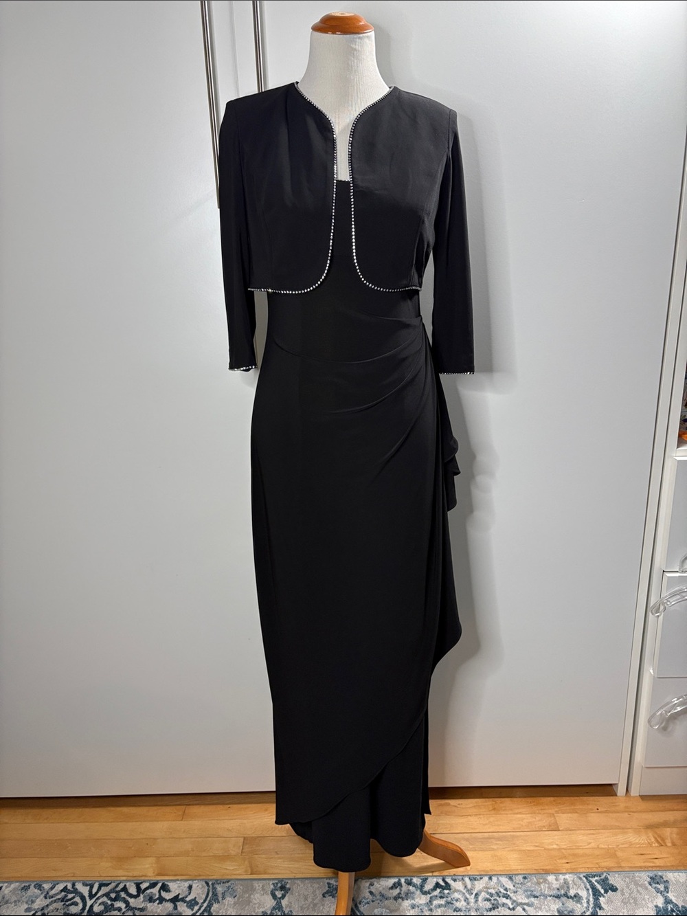 Elegant Alex Evenings Dress & Bolero Rhinestone Rimmed. Scoop Neck Side Ruffle 6
